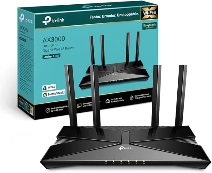 TP-Link Archer AX58 - Router WiFi 6 AX3000, Doble Banda 2.4Ghz/5Ghz,1xWAN/4xLAN Puertp Gigabit, WPA3, OFDMA, WPS, Latencia Ultrabaja, HomeShield, Tecnología OneMesh, Negro