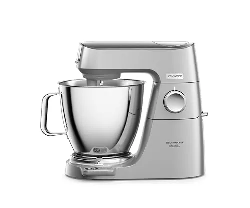Kenwood Titanium Chef Baker XL KVL85.224SI, Robot de Cocina, Balanza Integrada, Boles Acero Inoxidable 5L y 7L, Pala K, Gancho para Amasar, Varillas, Vaso de Cristal, Picadora Carne, 1200W, Plateado