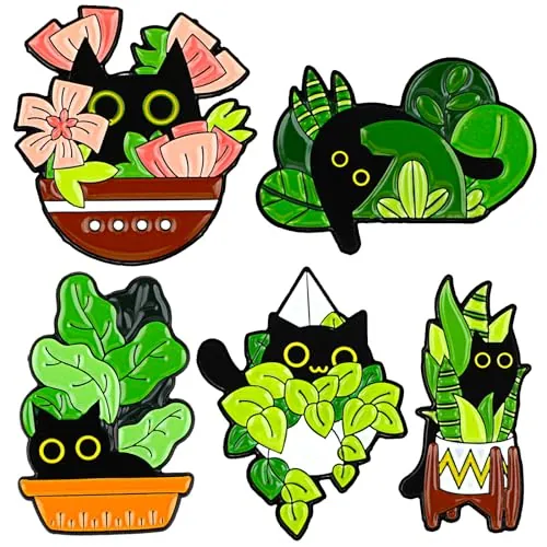 Mabor - Juego de 5 pines esmaltados con diseño de gato negro, broche divertido, insignia de animal para bolsos y ropa