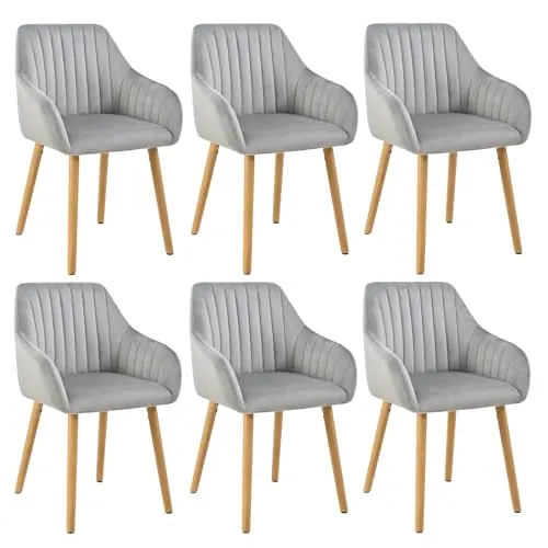 Goeurvant Silla De Comedor con Reposabrazos, Juego De 6, Patas De Madera, Silla Tapizada, Sillas De Cocina Y Salon, Gris Claro