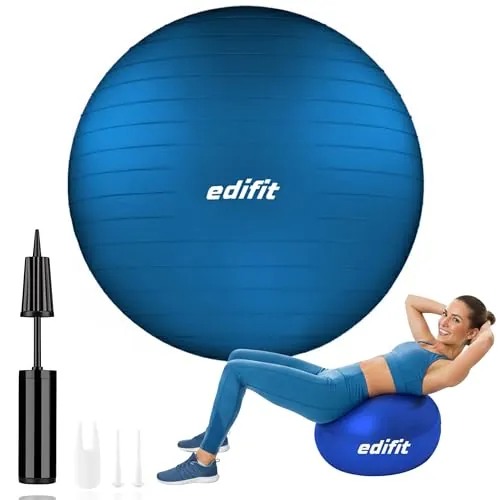 EDIFIT, Pelota de Pilates, 55,65 y 75, Ejercicio en Casa, Incluye Hinchador, Fitball, Embarazadas, Accesorios Yoga, Gimnasio, Varios Tamaños (65cm, Azul)