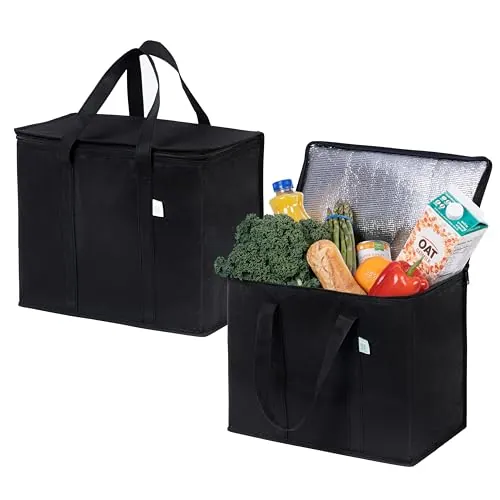 VENO Pack de 2 Bolsas Térmicas para Comida, Bolsa Porta Alimentos Grande con Asas, Cierre y Tapa, Bolsa Nevera Térmica de Delivery, Compra Sostenible, Reutilizable, Plegable (Negro,Pack de 2)
