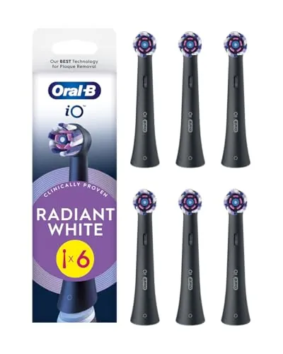 Oral-B iO Radiant White Cabezales de Recambio Originales, Negro, Pack de 6 - Recambios para Cepillos de Dientes Eléctricos Oral B iO, Blanqueamiento Dental, Eliminación de Manchas Y Placa Bacteriana