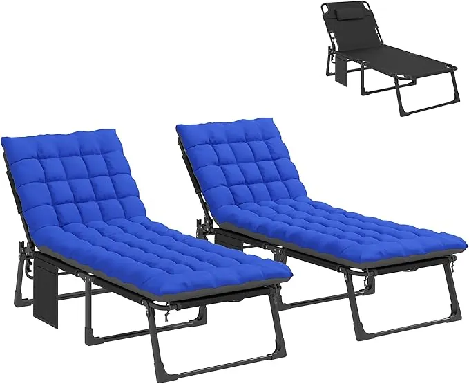 Outsunny Set de 2 Tumbonas Jardín Exterior, Tumbonas Plegables con Cojines, Respaldo Reclinable 5 Posiciones, Asiento Extra Ancho de Textilene, Bolsillo Lateral y Reposacabezas para Playa, Azul