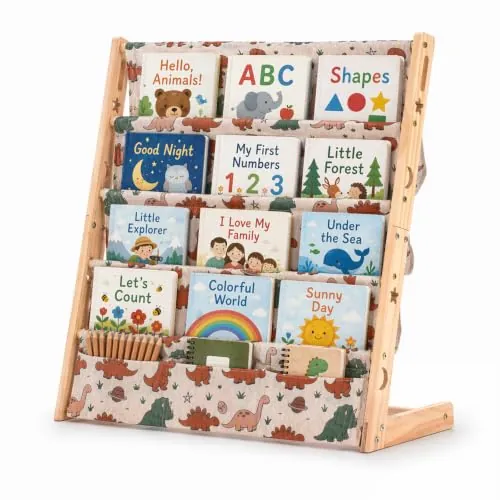 COSYLAND Librería Infantil de Madera de 5 Niveles | Marco de pino y bolsillos de tela profundos; portadas a la vista para elegir en cuarto infantil, aula o rincón de lectura