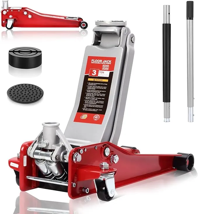 TEENO Gato Hidraulico para Coche | Gato Coche 3T | Altura de Elevación 75-500 mm | Pistón Doble Bajo + 2X Soportes de Goma | Ruedas 360° | Caballetes para Coches | Garaje y Taller de Coches