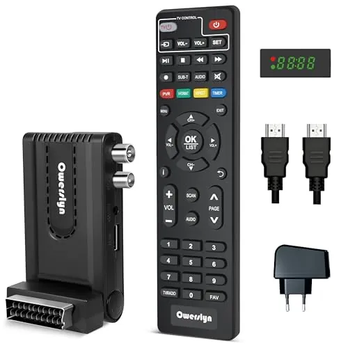 Sintonizador TDT HD 2026, OWERSLYN Decodificador TDT HD DVB-T2 para TV Antigua, HDMI CEC, 1080P H.265 HEVC 10 bit, con Salida HDMI/SCART y USB Mediaplayer, Función PVR, Control Remoto IR 2 en 1