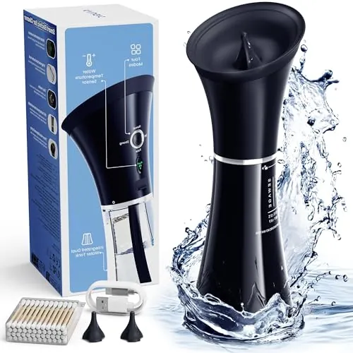 KAUGIC Limpiador Eléctrico de Oídos con Doble Depósito – Sensor Inteligente de Temperatura, Impermeable IPX7, 4 Modos de Presión de Agua, con Bastoncillos de Algodón – Para Adultos, Negro Intenso