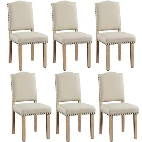 Yaheetech Juego de 6 Sillas de Cocina Tapizada de Tela Pata Madera Beige | Silla de Comedor Respaldo Alto, Silla de Cocina Tapizada de Tela, Diseño Clásico, Asiento Acolchado, para Salón y Cocina