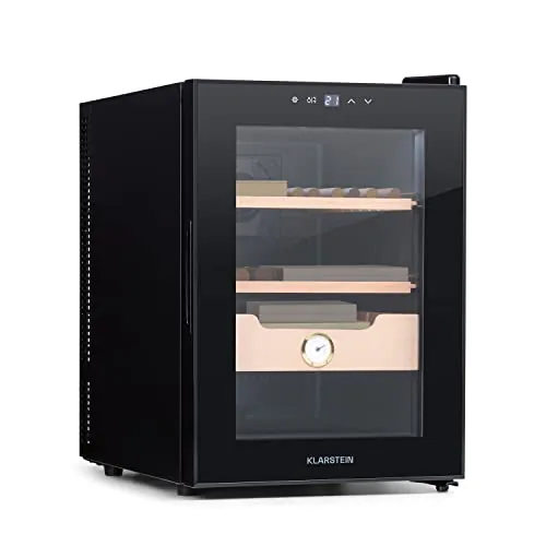 Klarstein El Presidente Humidor para Puros - Armario Humidor Termoeléctrico con Puerta de Cristal, Bandejas de Madera de Cedro, Higrómetro, Luz LED Interior, 37 Litros, Negro