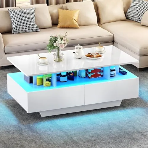 YITAHOME Mesa de Centro con 16 Colores LED para Sala, Mesa Cafe Madera con Estante Abierto y 4 cajones, Mesa de Centro Blanca Moderna