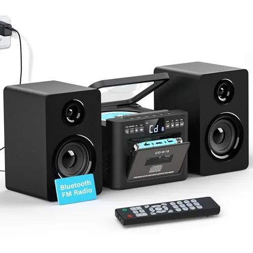Sistema estéreo para el hogar con reproductor CD y cassette, altavoces 40 W Bluetooth, radio FM/USB/TF/AUX/control remoto, alta fidelidad