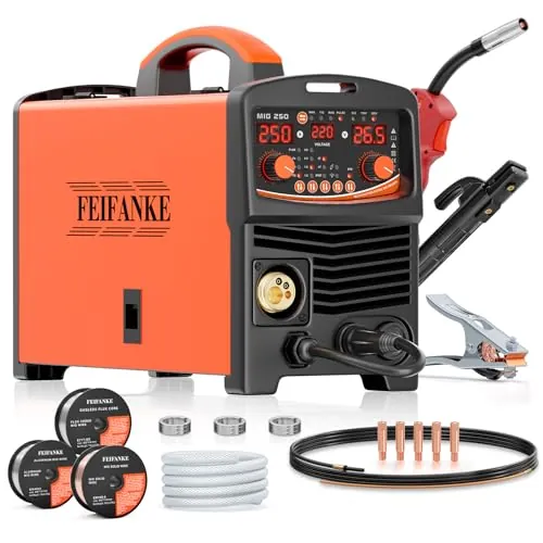 FEIFANKE Maquina Soldar Hilo Sin Gas 250A 230V 6 en 1 Sin Gas MIG/Gas MIG/MMA/LIFT TIG/Soldadura Puntos/Monopulso MIG IGBT Inverter Soldador con AlimentacióN RáPida de Alambre Prueba de Gas
