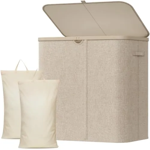 Lifewit Cesto Ropa Sucia, Cesta Ropa Plegable con Bolsa Extraíble y Asa, Cubo Ropa Sucia con Tapa, Laundry Basket para Dormitorio, Baño, Lavandería, Dormitorio, 140 L, Beige