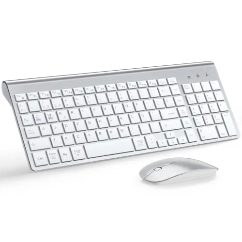 Combo Teclado Ratón Inalámbrico Ultradelgado,Doble Sistema-Blanco Plateado | TopMate 2.4G Compacto Silencioso 2400DPI Teclado de Tamaño Completo con Cubierta, Baterías Incluidas, para Laptop/Windows/Mac