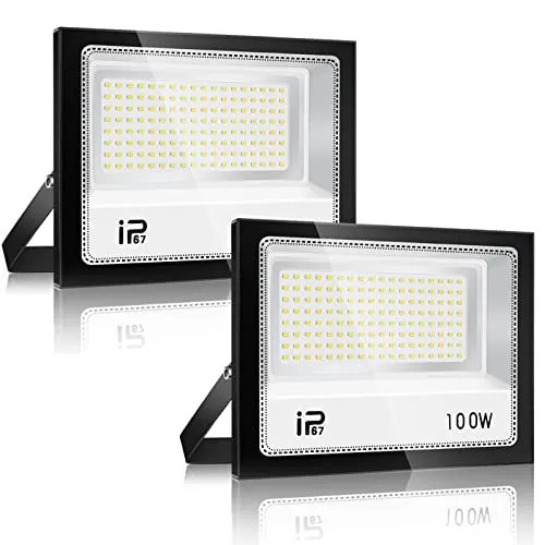 Foco Led Exterior 100W 2Pcs, Iluminación de Exterior Seguridad,7000K Blanco Frío, Proyector LED Exterior,IP67 Impermeable 10000LM, Superbrillante Foco LED，para Patio, Garaje, Entrada, Fábrica,Campo