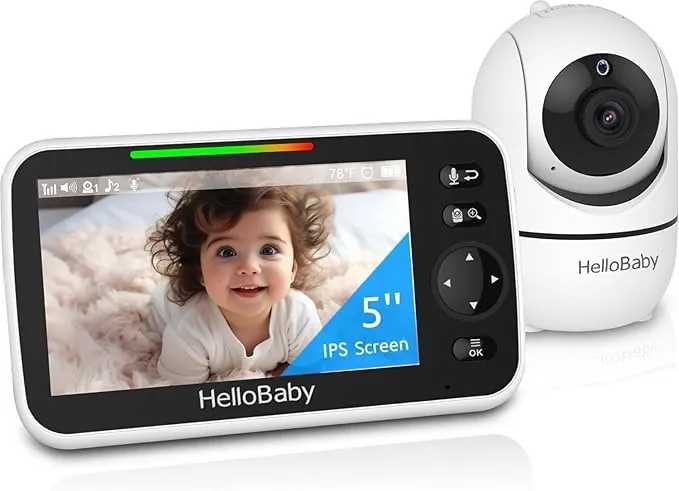 HelloBaby Monitor de Bebé con Cámara y Visión Nocturna, Pantalla de 5 Pulgadas con Batería de 30 Horas, Monitor de Video para Bebé Sin WiFi, Conversación Bidireccional, Temperatura, 8 Canciones