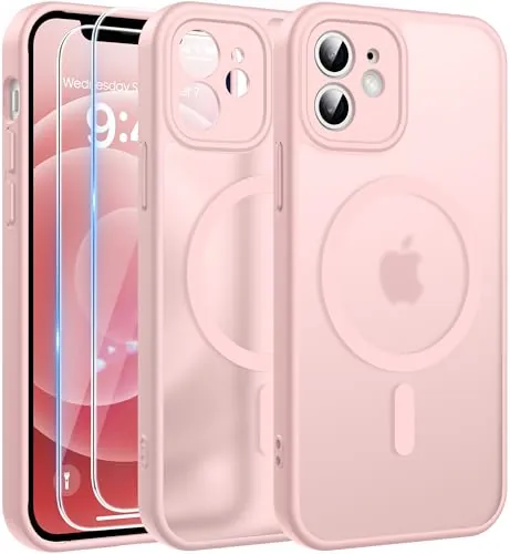 FLLAO Funda para iPhone 12, Compatible MagSafe, con 2 Piezas Protector de Pantalla Cristal Templado, [Protección de Cámara] Magnética Carcasa Translúcida Mate Trasera Fina Antigolpes, Rosa