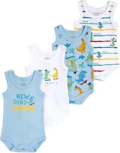 Chicco, Body Recién Nacido, Conjunto de 4 Bodies sin Mangas de Algodón 100% con Cómoda Abertura, Ropa Bebé Niño y Niña 0-3 Meses, Ideas de Regalo para Nacimiento