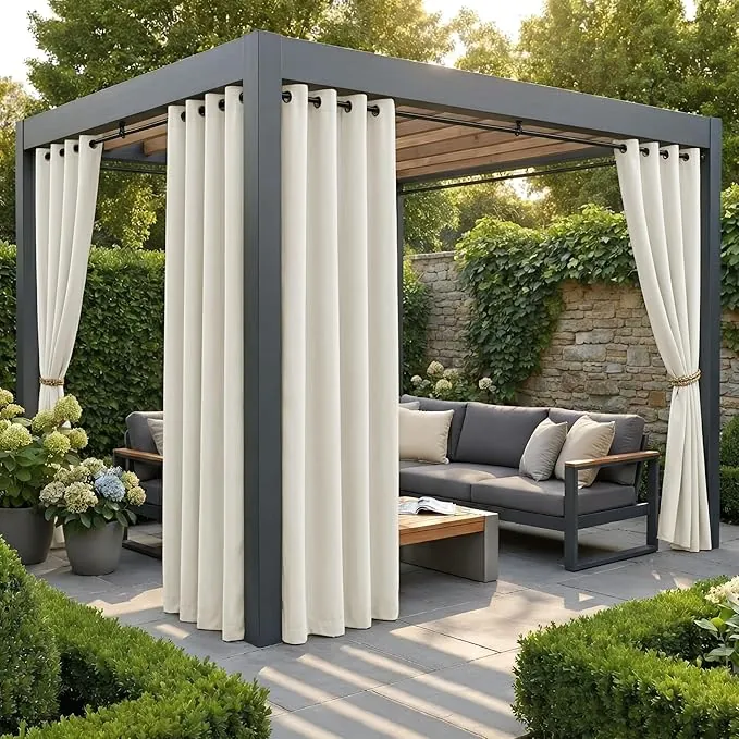 PONY DANCE Cortinas Impermeables para Puertas Exterior Terraza 4 Piezas, Cortinas Opacas Aislantes Luz para Balcon/Jardin/Porche con Ojales,132x213cm(AnxAl),Beige Claro