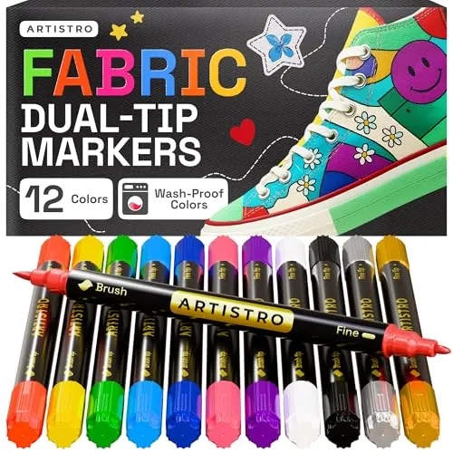 ARTISTRO 12 Marcadores de Tela de Doble Punta - Kit de Decoración Textil - Permanente para Ropa - Rotuladores Sin Manchas para Camisetas, Bolsas, Textiles, Lienzos y Más (Punta de Pincel y Punta Fina)