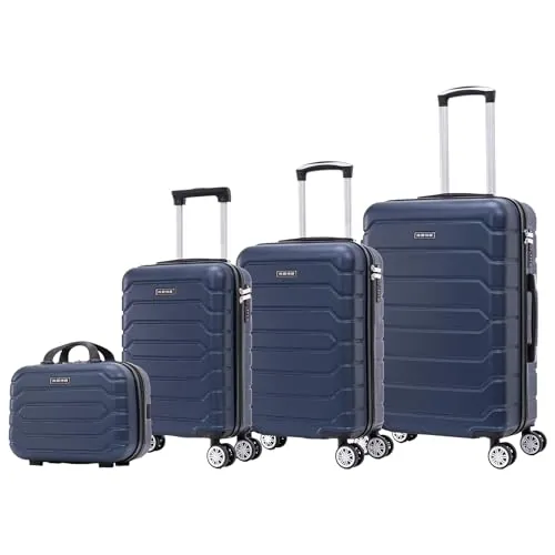 Conjunto de Maletas de Viaje Elegantes: Carcasa Ligera de ABS, Cerradura Numérica, 4 Ruedas Giratorias 360°, Asa Telescópica de Aluminio | Juego de 3 o 4 Maletas (8002, Azul Marino)