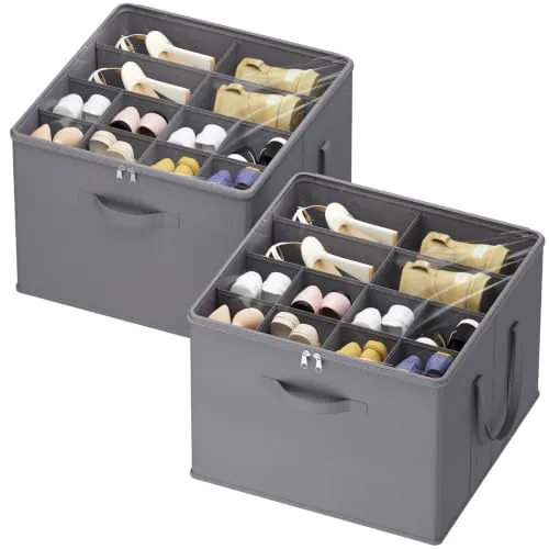 Lifewit Organizador Zapatos para Armario, Caja Almacenaje para 12-16 Pares con Tapa de PVC Transparente, Zapatero Plegable con Divisiones para Zapatillas y Botines, 43 x 43 x 31 cm, Gris, 2 Piezas