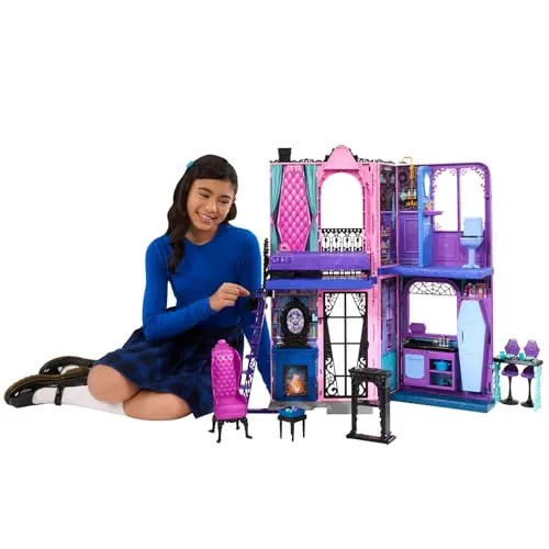 Monster High Boo-tique Hotel Casa de Muñecas | Casa plegable con sorpresas espeluznantes en cada habitación y más de 13 piezas, mobiliario y accesorios, JBF16
