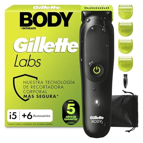 GilletteLabs i5 Body + Intimate Afeitadora Corporal, 6 Accesorios, Negro
