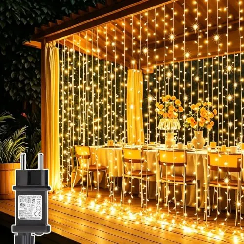 Joycome Cortina de Luces 3x3m 300 LED Luces Navidad con Enchufe | Temporizador, 8 Modos Impermeable Cascada Luces para Exterior Balcon Jardín Terraza Escaparates Interior Decoración