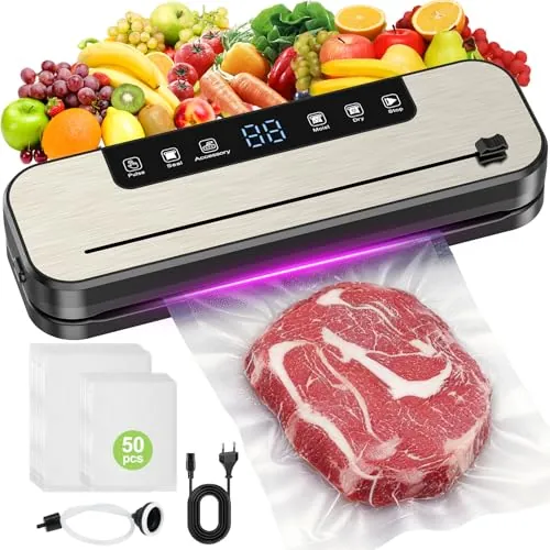 Envasadora al vacío 6 en 1 para alimentos con 50 bolsas de Vacío Gofradas | 1 manguera para recipiente al vacío, dispositivo de sellado automático de 65 Kpa con cortador y cuenta atrás