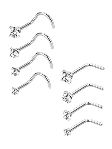 Mudder 20 Gauge Anillos de Nariz Curvas Anillo de la Nariz Tornillo de Circón Piercing Joyería para el Cuerpo y L Forma, 8 Piezas, Acero inoxidable, óxido de circonio, Acero, Acero inoxidable, Cubic