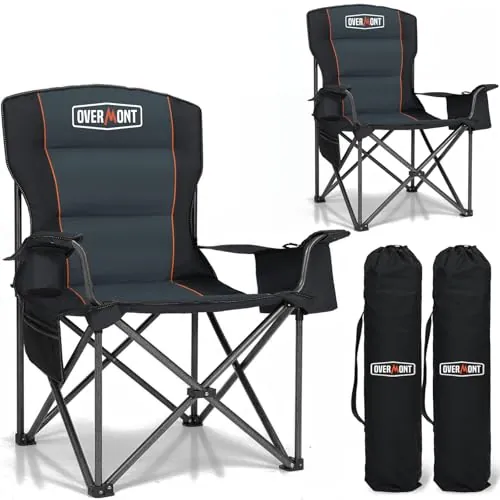 OVERMONT 2 Sillas Camping XL Plegables con Respaldo Alto, 204 kg, Negras