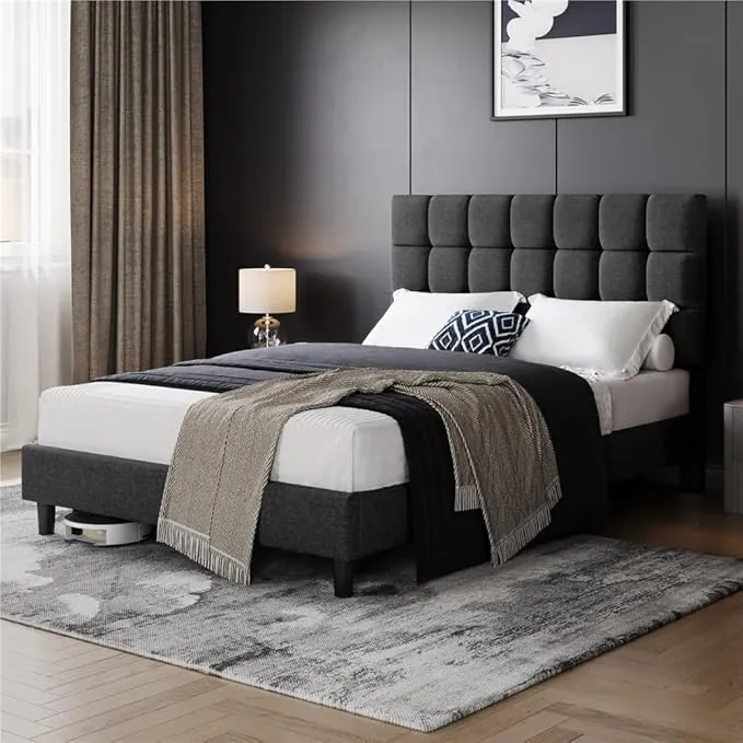 Yaheetech Marco de Cama Doble Acolchado Cuadrado 140×200cm Cabecero Ajustable en Altura con Base de Listones Oscuro Gris