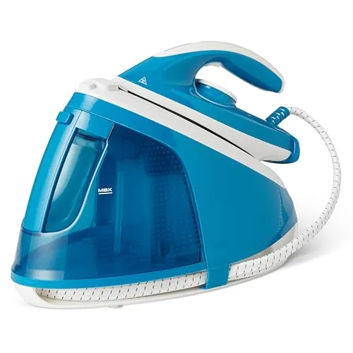 Amazon Basics Plancha con Generador de Vapor con Bomba de 6 Bares, Impulso de Vapor de 240g/min, Salida de Vapor de 120g/min, Depósito de 1,8 litros, 2400W, Blanca/Azul