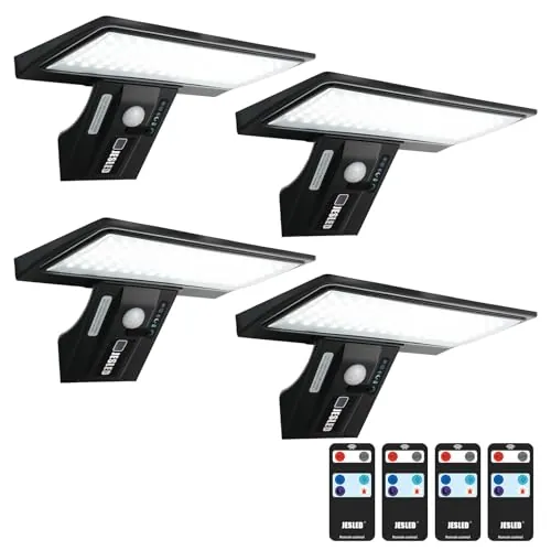 JESLED 4 Pack - 90 LED Luz Solar Exterior, Focos Solares con Sensor de Movimiento, IP65 Impermeable, 4 Modos Inteligentes para Jardín, Patio, Camino, Escalera