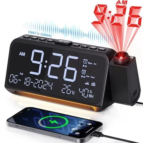 Mesqool Radio Despertador Proyector de Techo con Proyector de 320°, Modo día laborable/Fin de Semana, 2 Alarmas, Cargador USB Tipo C, FM, Regulador de Intensidad, Temperatura, Humedad, Snooze, 12/24H