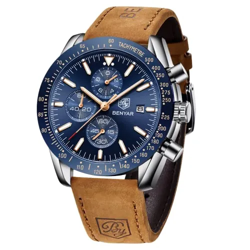 by BENYAR Relojes para Hombre Cronógrafo Analógico Movimiento de Cuarzo Impermeable Luminoso Fecha Banda de Cuero Reloj de Pulsera Negocios Casual Diseñador Relojes Elegante Regalo para Hombres