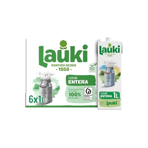 Lauki - Leche Entera de Bienestar Animal - Sin Azúcar Añadido y Sin Gluten - Brik UHT Pack 6 x 1L