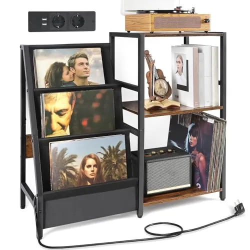 Bikoney Mesa Auxiliar para Tocadiscos con Toma de Corriente, Almacenamiento de Vinilos de 3 Niveles Hasta 200 Álbumes, Soporte de Discos de Vinilo para Sala de Estar
