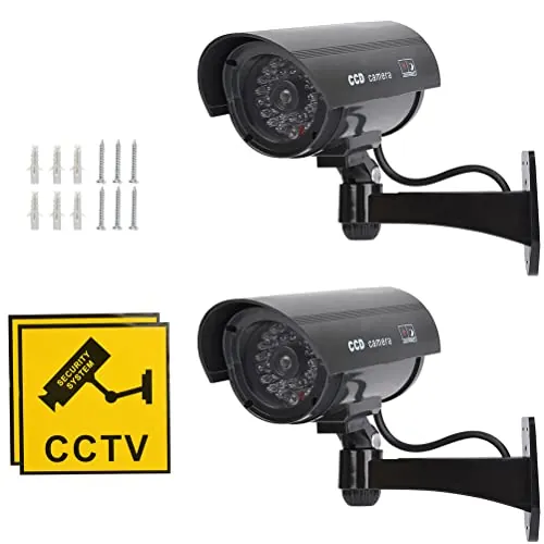 2Pcs Cámara de Vigilancia Simulada CCTV Cámara Ficticia con Soporte de Pared Camaras Falsas de Seguridad,Cámara Dummy con Led Rojo Parpadeante Impermeable Negro,con Pegatinas de Advertencia Tornillos