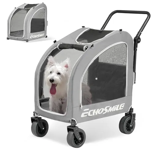 EchoSmile Carrito para Perros pequeños y medianos 20 kg, Carro Perro Plegable, Todoterreno con Doble Freno, Cinturones de Seguridad y Ventanas de Malla, Gris