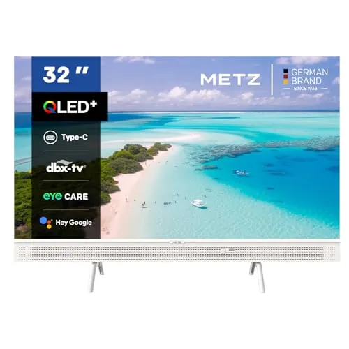 Metz 32 Pulgadas QLED Smart TV Portátil, 32MQE7100Z Google Television, HD, HDR10, 2x10W Potentes Altavoces Frontales, DBX, Dolby Audio, USB-C, Chromecast, Trabajar con Google Assistant, Blanco, 80cm