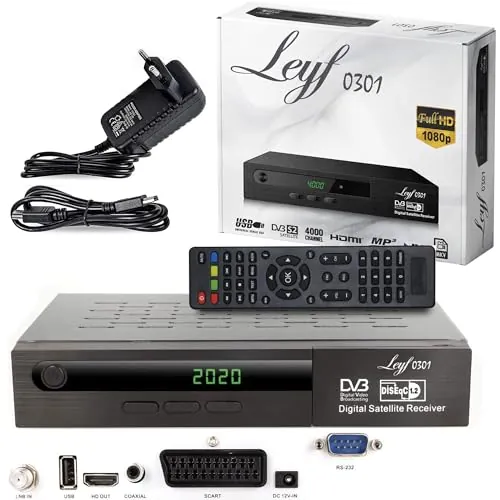 hd-line Leyf - Receptor de satélite (grabadora Digital Satellite (HDTV,DVB-S/DVB-S2,HDMI,SCART,2 Puertos USB,Full HD 1080p), Hotbird and Türksat+ HDMI Cable, Sólo para Canales alemanes