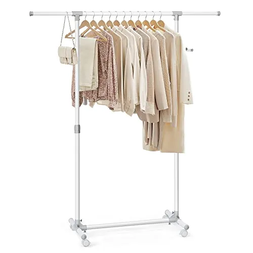 SONGMICS Perchero con Ruedas, Altura Ajustable 97-165 cm, Barra Extensible