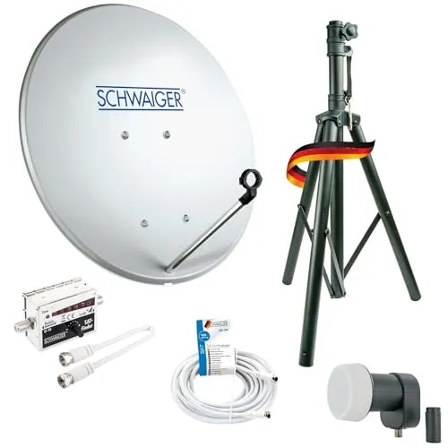 SCHWAIGER SATSET440 - Juego completo de antena satélite digital (cable de satélite LNB, 10 m, buscador de satélite, trípode, antena satélite, acero, 40 cm, incluye accesorios de montaje