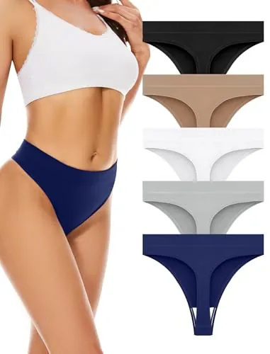 VOENXE Tanga Sin Costuras Mujer,Alta Bragas Invisible Brasileña Thong Pack | Invisible Braguitas Tanga Tiro Alto Ropa Interior,Elástico Seamless Women Underwear,Cómodos Deportivo Panties,Paquete De 5