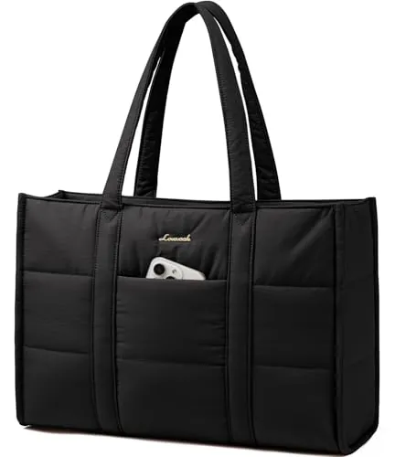 LOVEVOOK Bolso Mujer Grande, Puffer Bolso Tote Bag Bolsos para Universidad Shopper, 15,6 Pulgadas Bolso Portatil Ordenador para Trabajo Oficina Universitarias, Negro