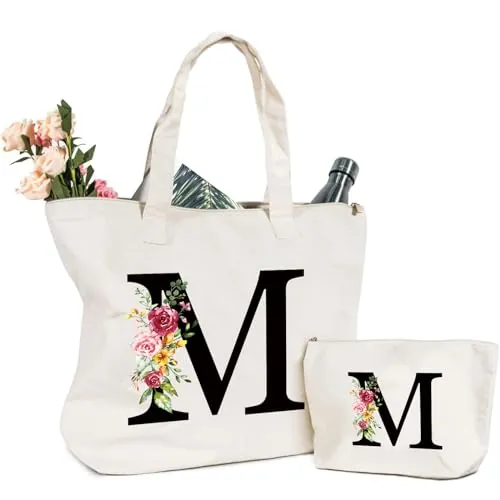 Letras Personalizadas Bolsa de lona, Bolso Tote de Mujer con Inicial y Flores Bolsa de Compras con Bolsillo Interior Alfabeto Bolso de Cosméticos Regalos para Damas Amigas Mamá Regalo Cumpleaños(M)