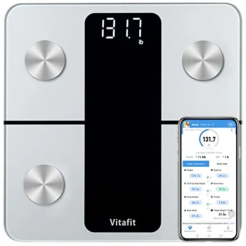 Vitafit Bascula de Baño Digital Inteligente Precisión 0,05kg,182kg, LED | Profesional Fábrica Desde 2001 Bascula Grasa Corporal y Muscular App 13 Composición de Corporal Peso IMC Muscular, Plata